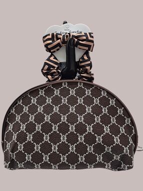 Brown & White Monogram Pouch with Bow & Scrunchie - 3 Pc. Set
